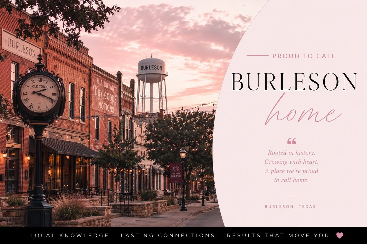 Old Town Burleson at sunset with the clock, brick storefronts and the Burleson water tower