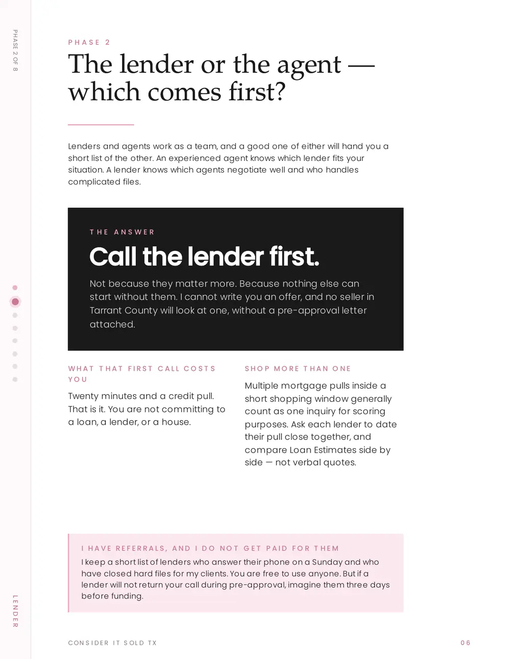 Phase 2 · Lender or agent first