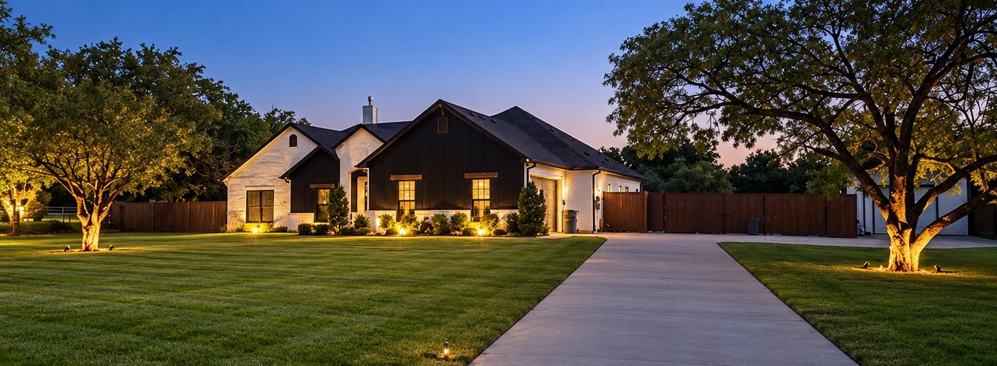 Front of 1501 County Road 914A at dusk: a white brick and dark board-and-batten single-story home on a wide lawn, with a long drive and wood privacy fence