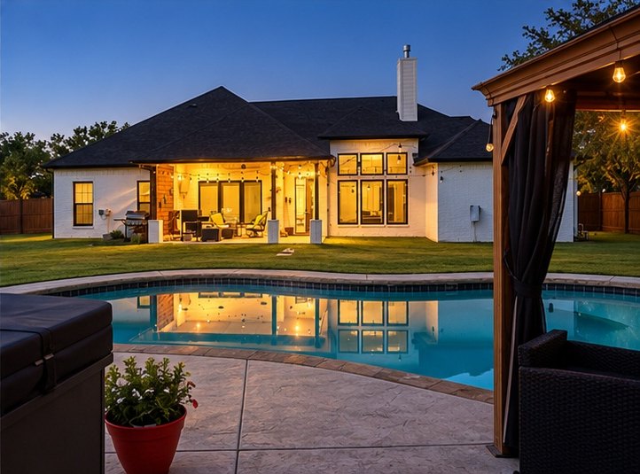 In-ground pool in front of the covered back porch at dusk