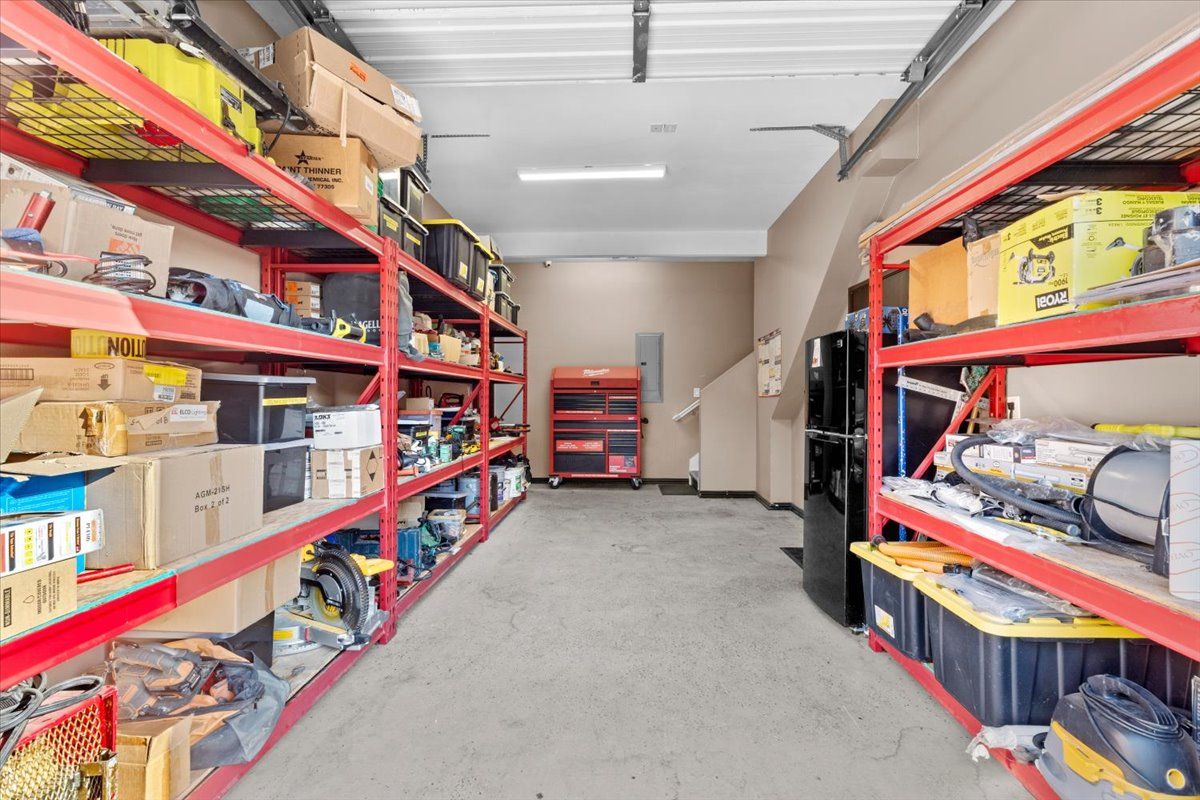 Attached garage with shelving