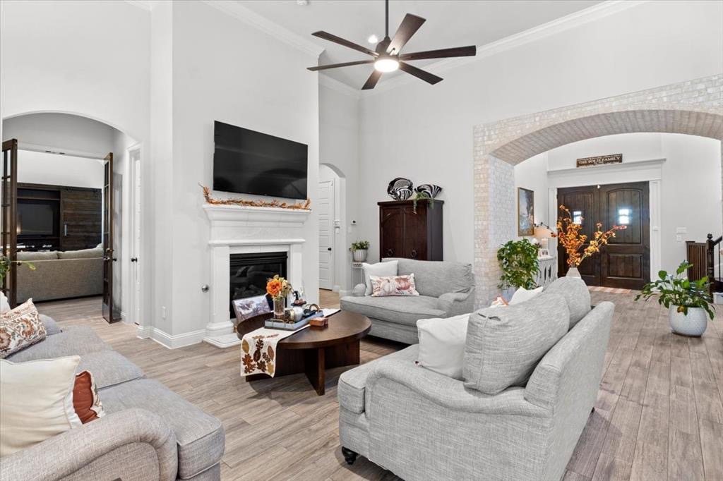 Living room fireplace and double front doors