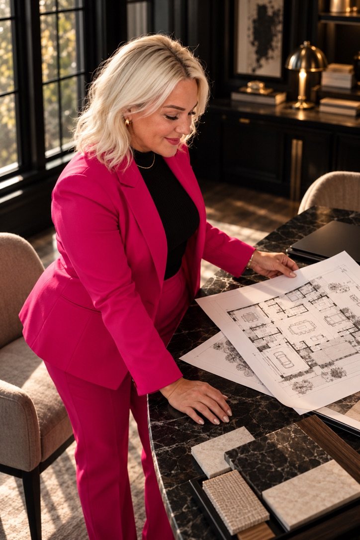Rebecca Kennedy, Burleson TX REALTOR, reviewing floor plans and finish samples for a new build